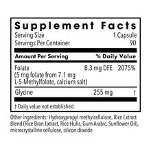 Supplement Facts label showing L-Methylfolate 5 mg per capsule, 90 servings per container, with ingredient list.