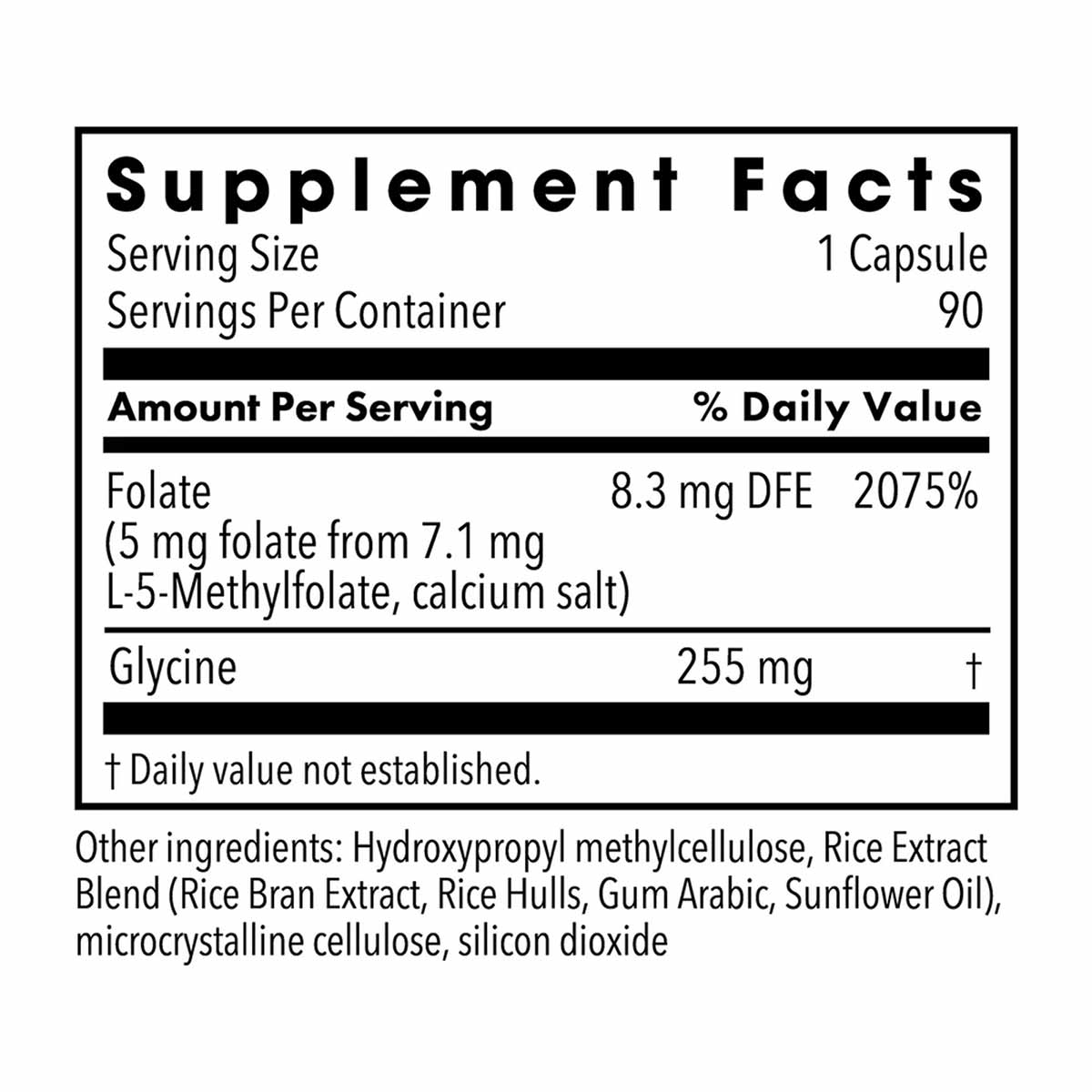 Supplement Facts label showing L-Methylfolate 5 mg per capsule, 90 servings per container, with ingredient list.