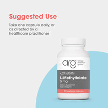 White bottle of Allergy Research Group L-Methylfolate 5 mg with gray and coral label containing 90 vegetarian capsules.