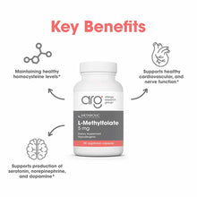 White bottle of L-Methylfolate 5 mg by Allergy Research Group with gray and coral label, 90 vegetarian capsules.