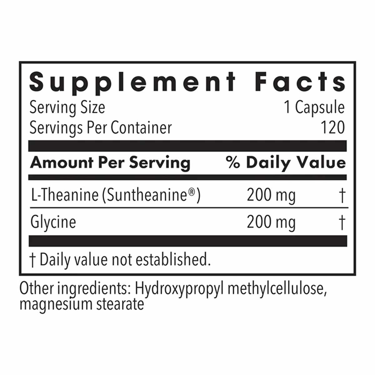 Supplement Facts label showing L-Theanine 200 mg per capsule with 120 servings per container.