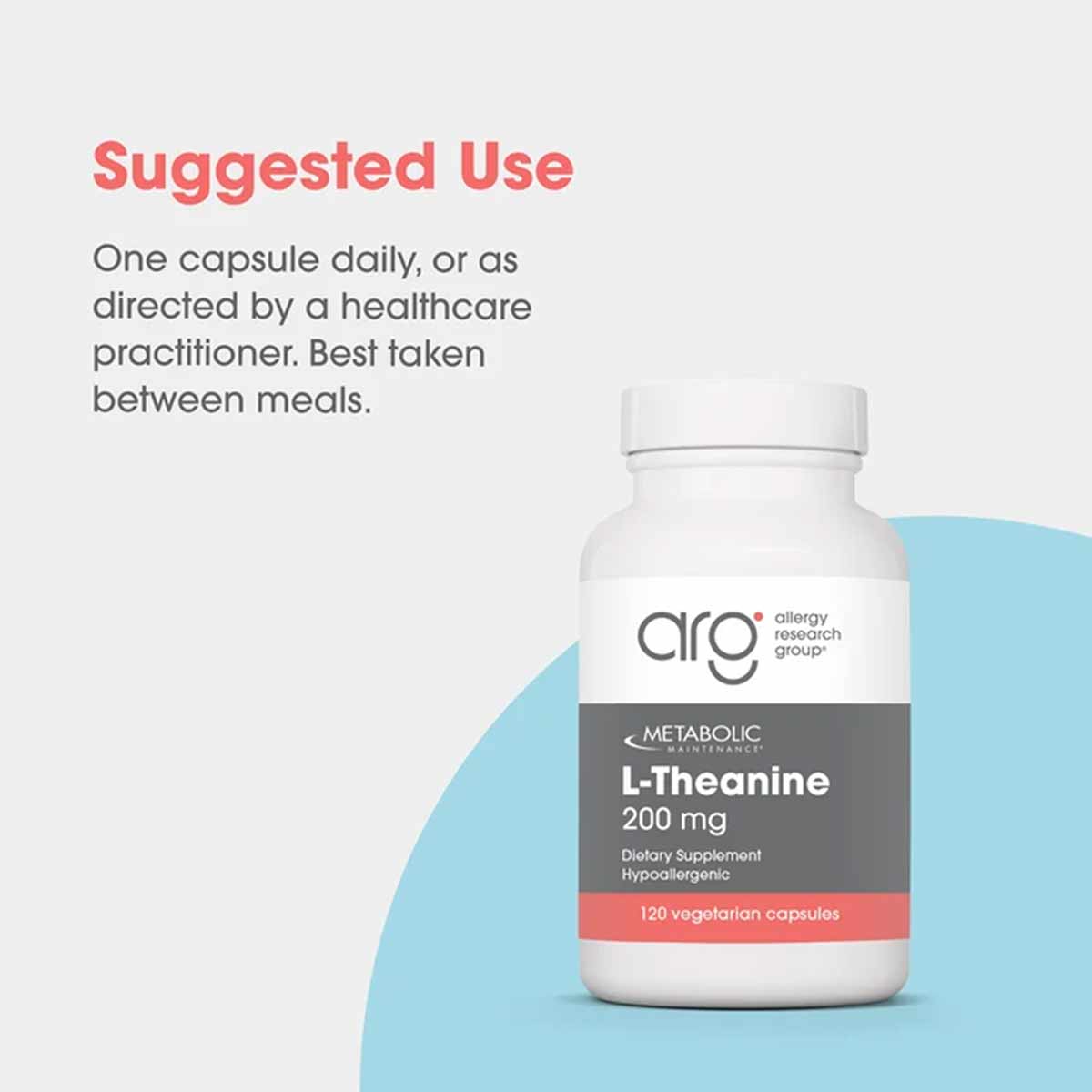 White bottle labeled L-Theanine 200 mg by Allergy Research Group containing 120 vegetarian capsules.