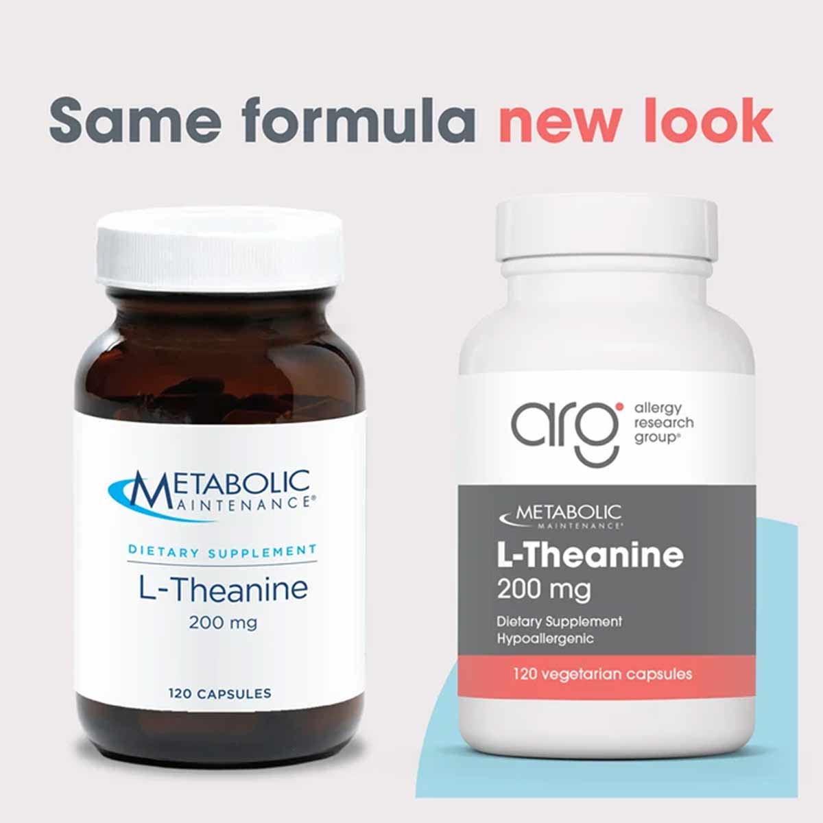 Two bottles of L-Theanine 200 mg dietary supplement: dark amber bottle with old label on left, white bottle with new Allergy 