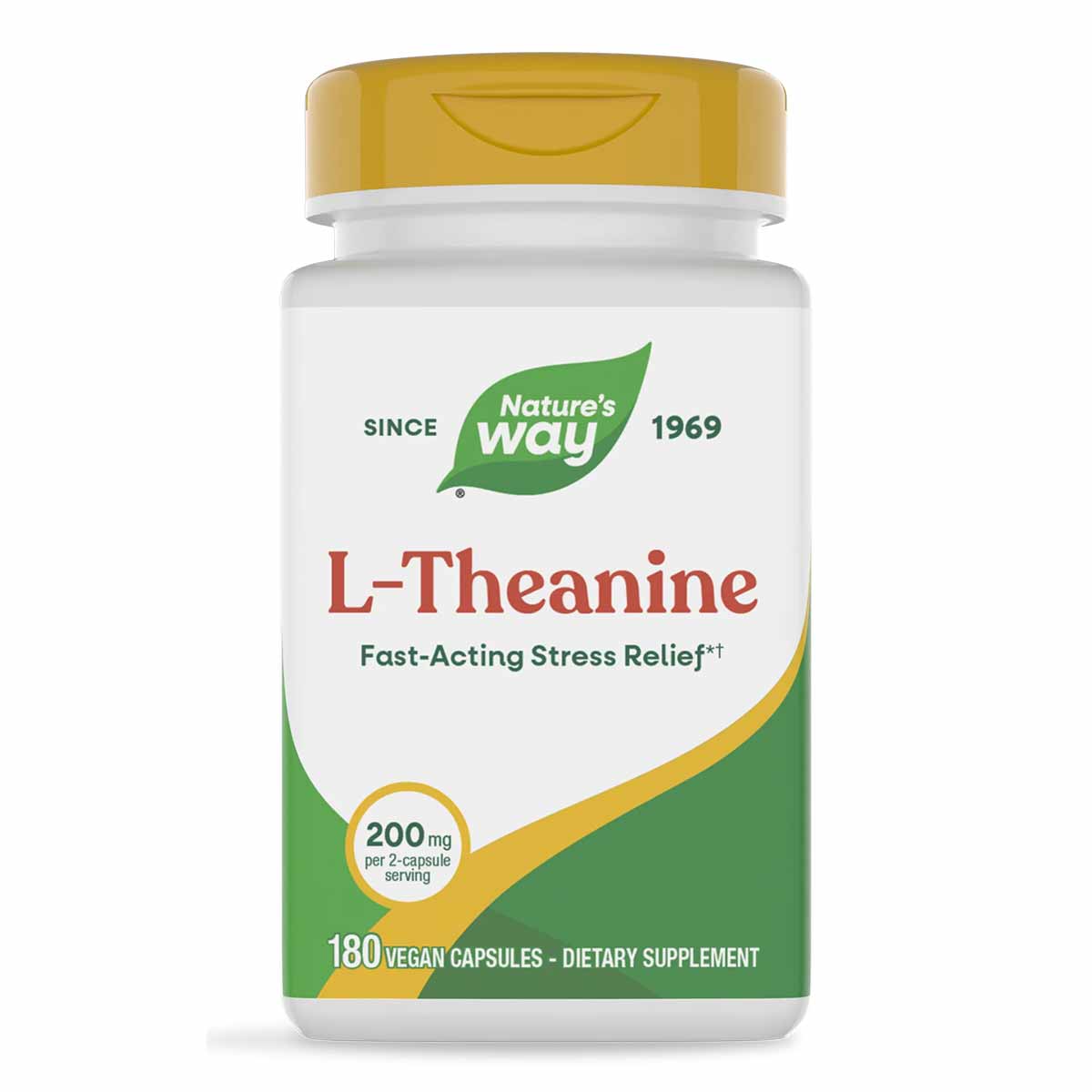 Nature's Way L-Theanine 200 mg bottle with yellow cap and green label containing 180 vegan capsules.