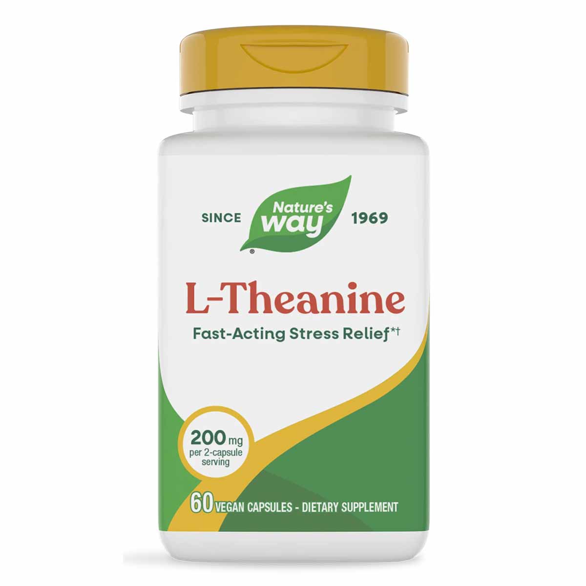 Nature's Way L-Theanine 200 mg supplement bottle with gold cap containing 60 vegan capsules.