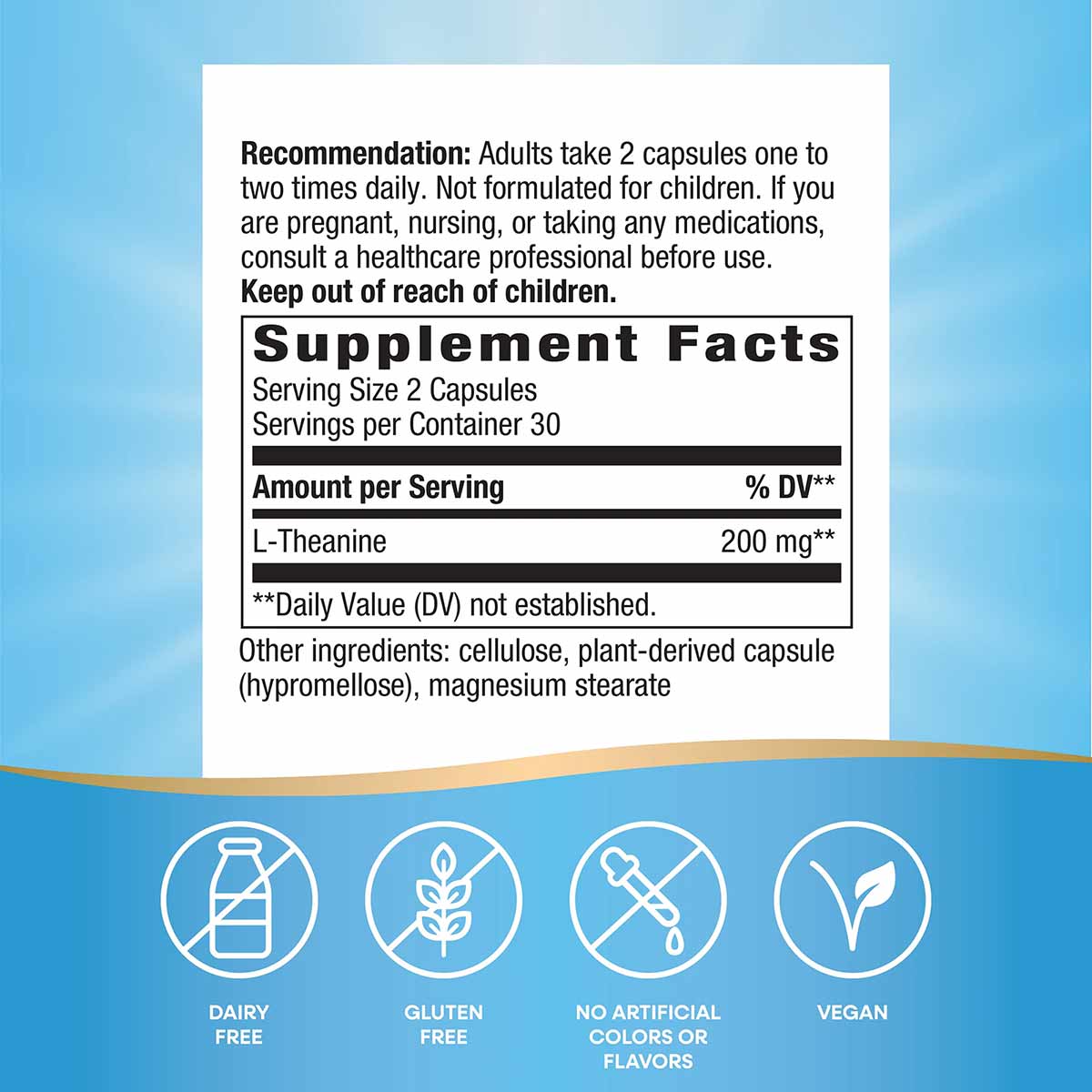Natures Way L-Theanine 200mg supplement label showing dosage instructions, supplement facts, and icons indicating dairy-free,