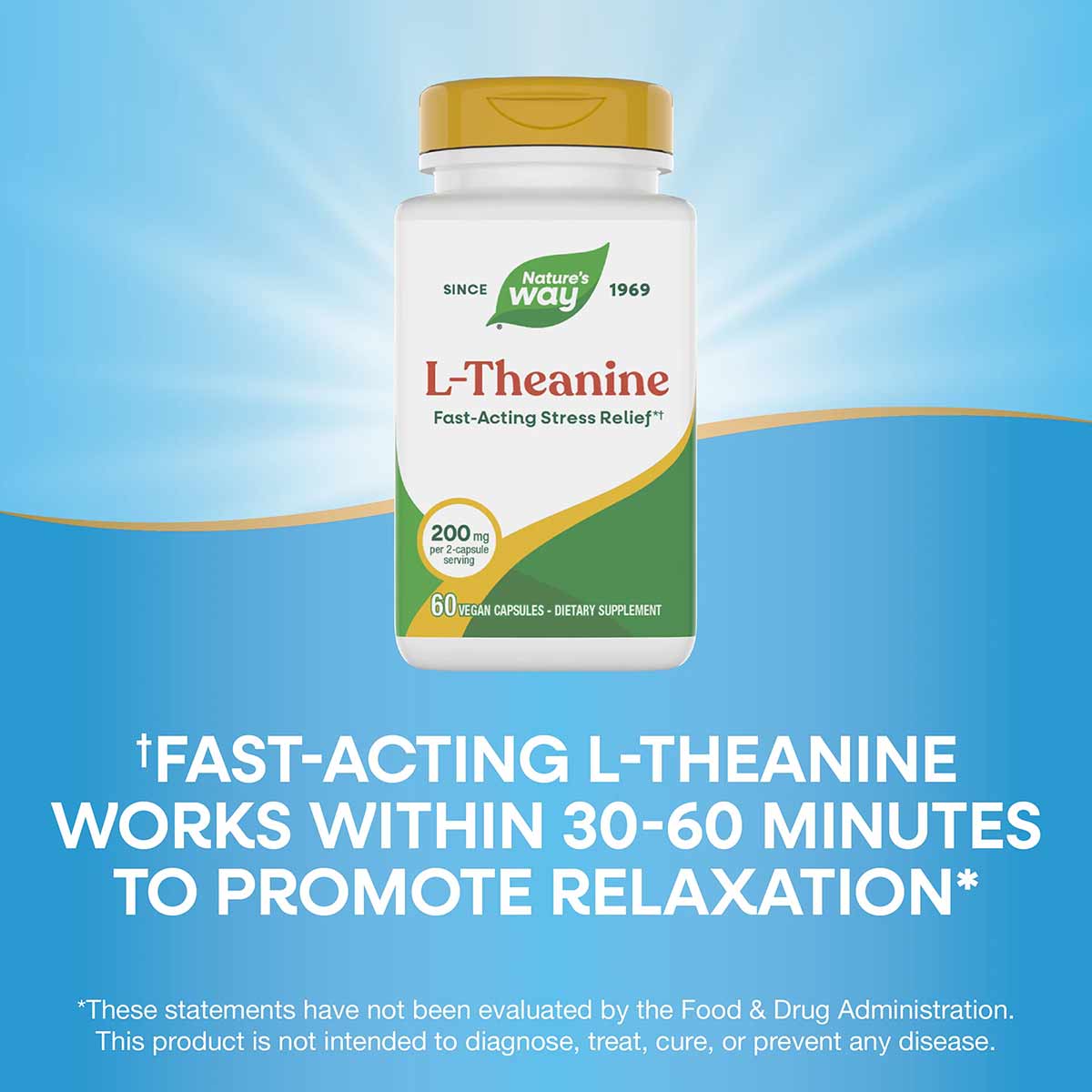 Nature's Way L-Theanine 200 mg bottle with gold cap and white label containing 60 vegan capsules on blue background.