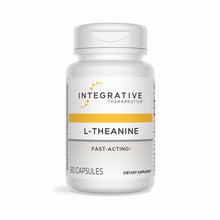 White bottle of L-Theanine dietary supplement with gold band and Integrative Therapeutics logo, containing 60 capsules.