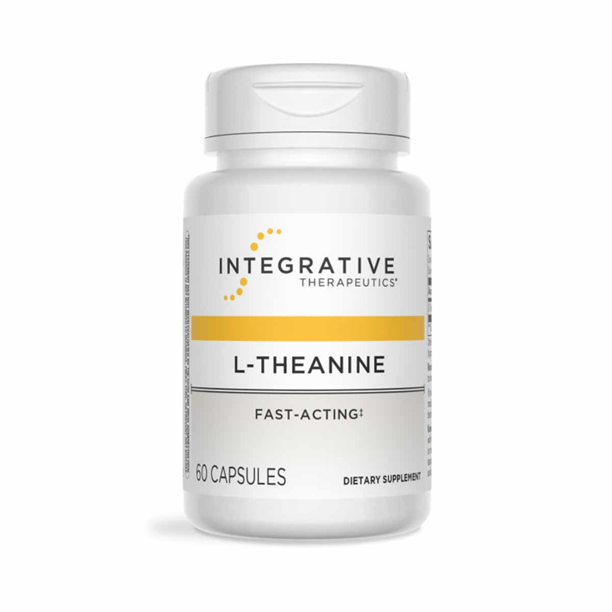White bottle of L-Theanine dietary supplement with gold band and Integrative Therapeutics logo, containing 60 capsules.