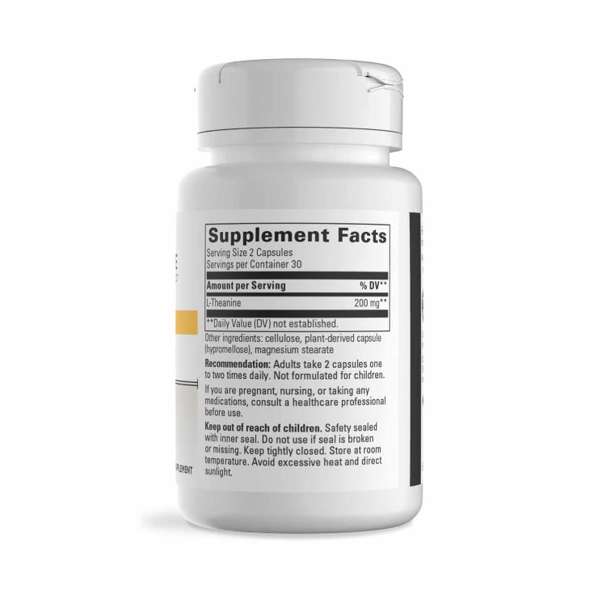 White bottle of L-Theanine 200mg vegetarian capsules with white cap and supplement facts label visible.
