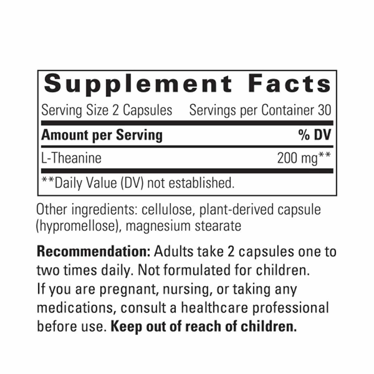 Supplement Facts label showing L-Theanine 200 mg per serving, 2 capsules, 30 servings per container.