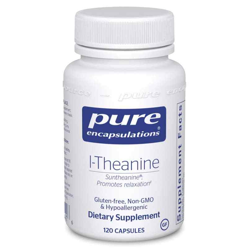 White bottle of Pure Encapsulations L-Theanine dietary supplement with white screw cap, containing 120 capsules.