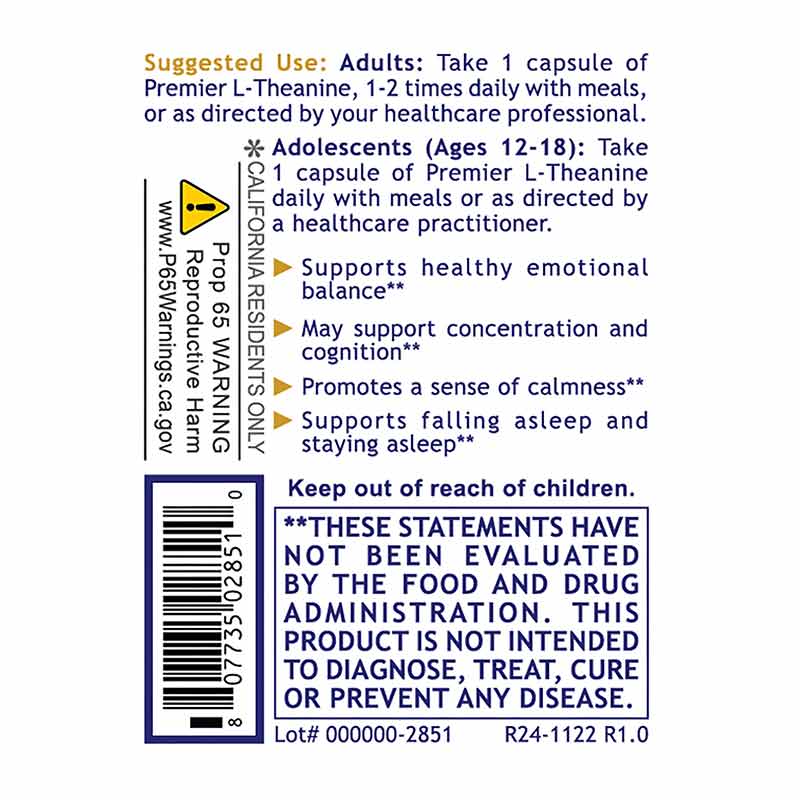 L-Theanine, 60 Veg Capsules, by Premier Research Labs, image #2