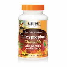 White bottle with orange cap containing Lidtke L-Tryptophan Chewable tablets in maple vanilla flavor, 60 count.