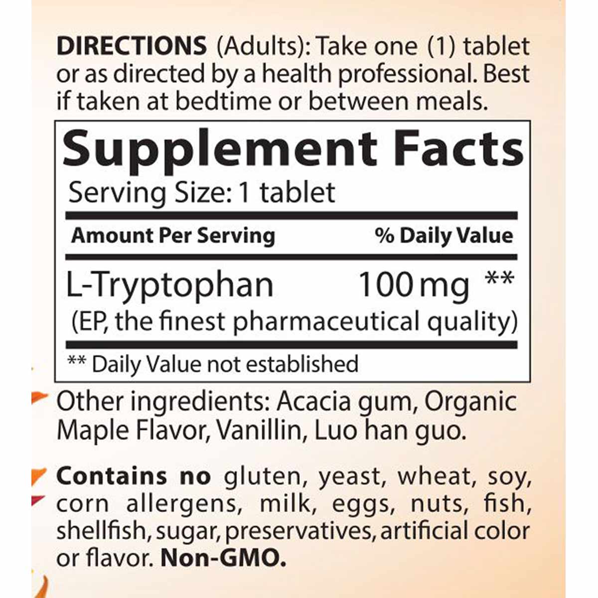 L-Tryptophan 100mg chewable supplement fact label with directions and ingredient information.