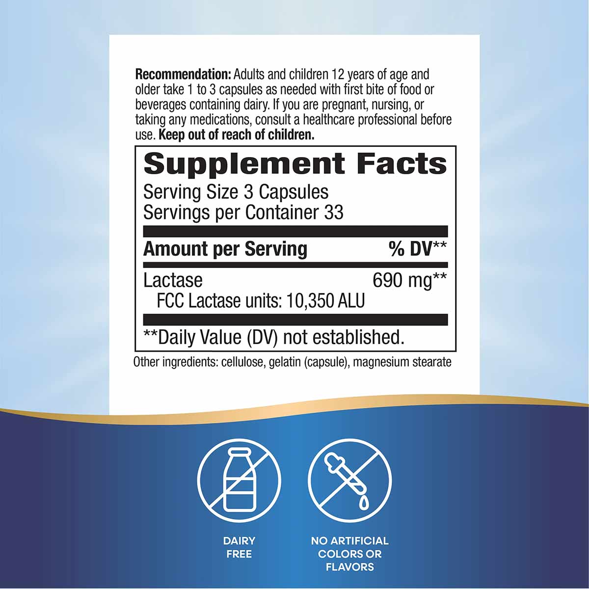 Supplement facts label for lactase enzyme capsules showing dosage, ingredients, and dairy-free certification.