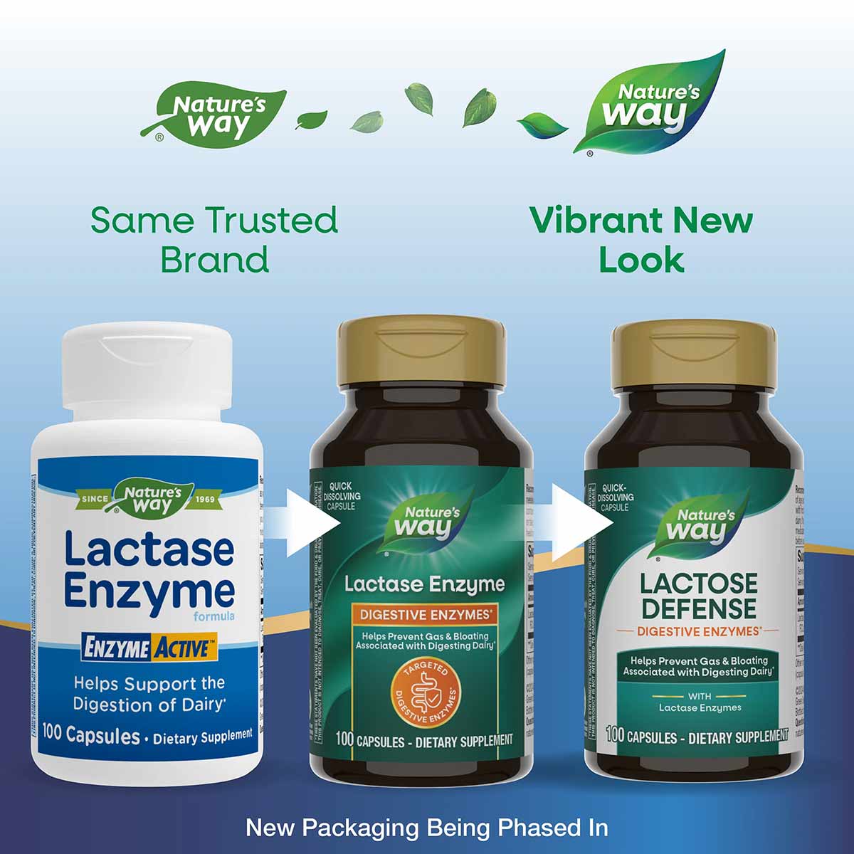 Lactase Enzyme bottles showing old white packaging and new green packaging with gold caps, displayed side by side.