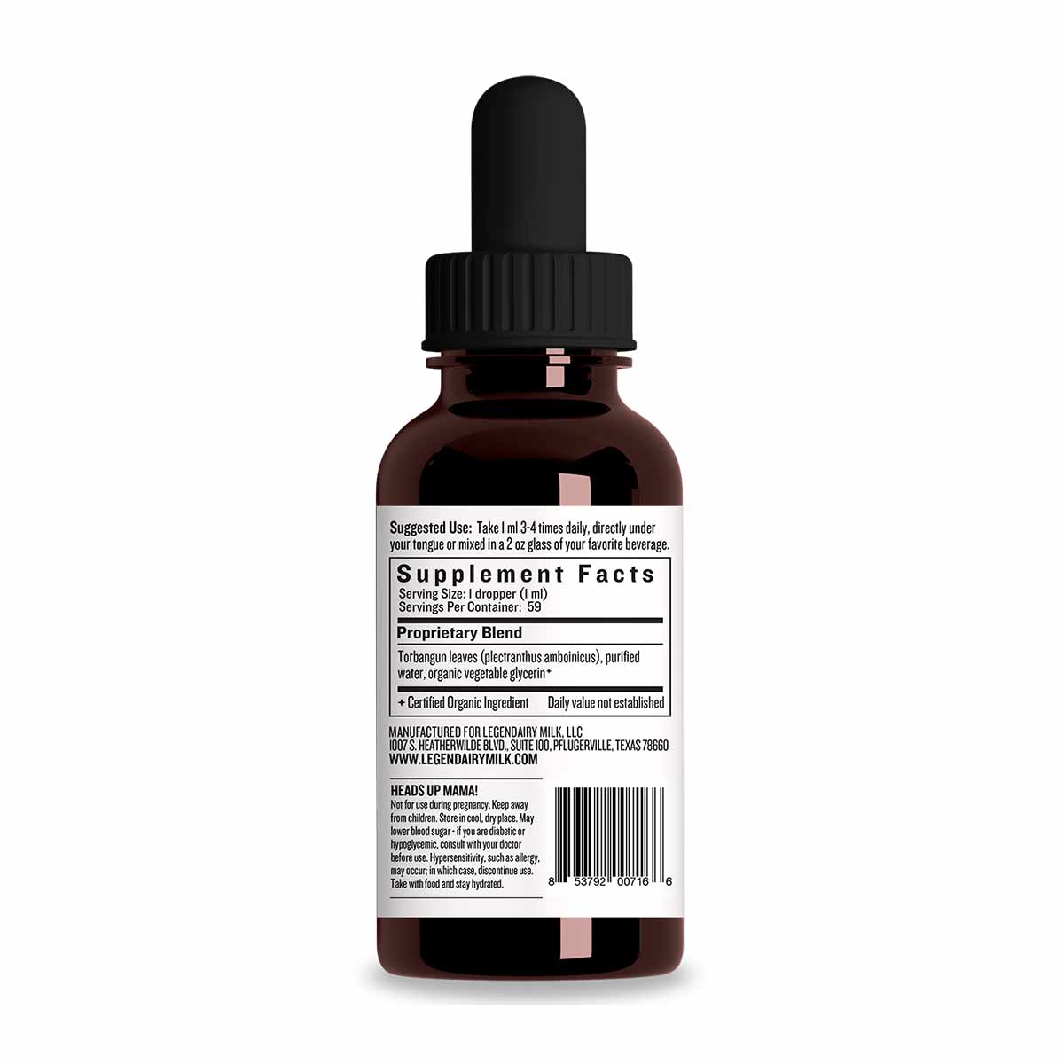 Dark amber glass dropper bottle with black cap and white label containing supplement facts and usage instructions.