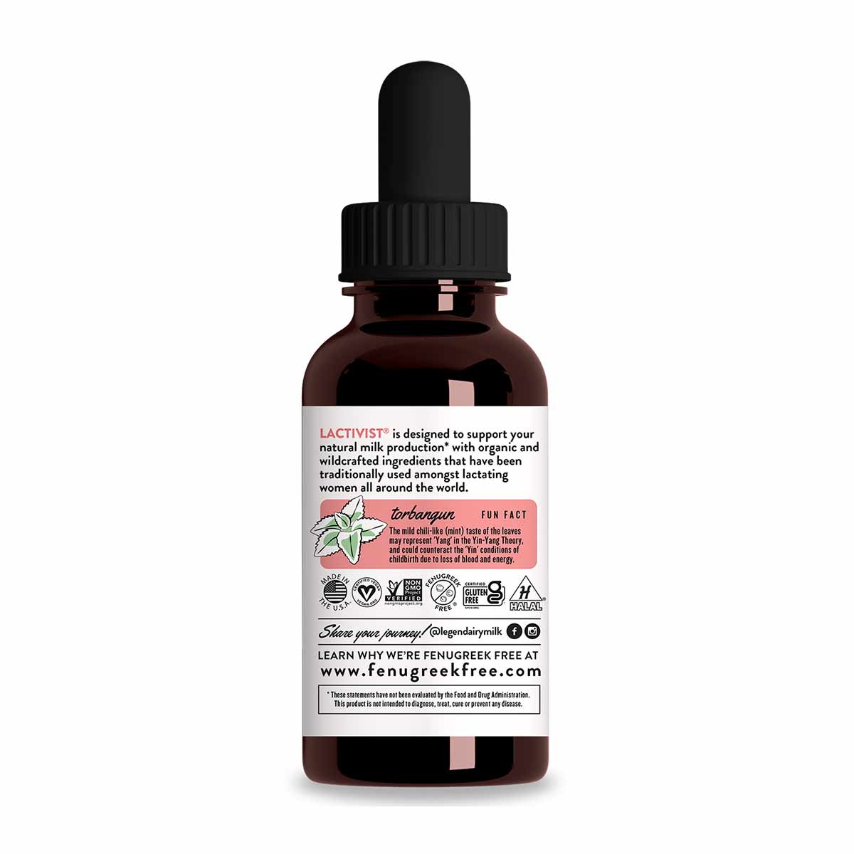 Dark amber glass dropper bottle with black cap and label containing Lactivist supplement by Legendairy Milk.