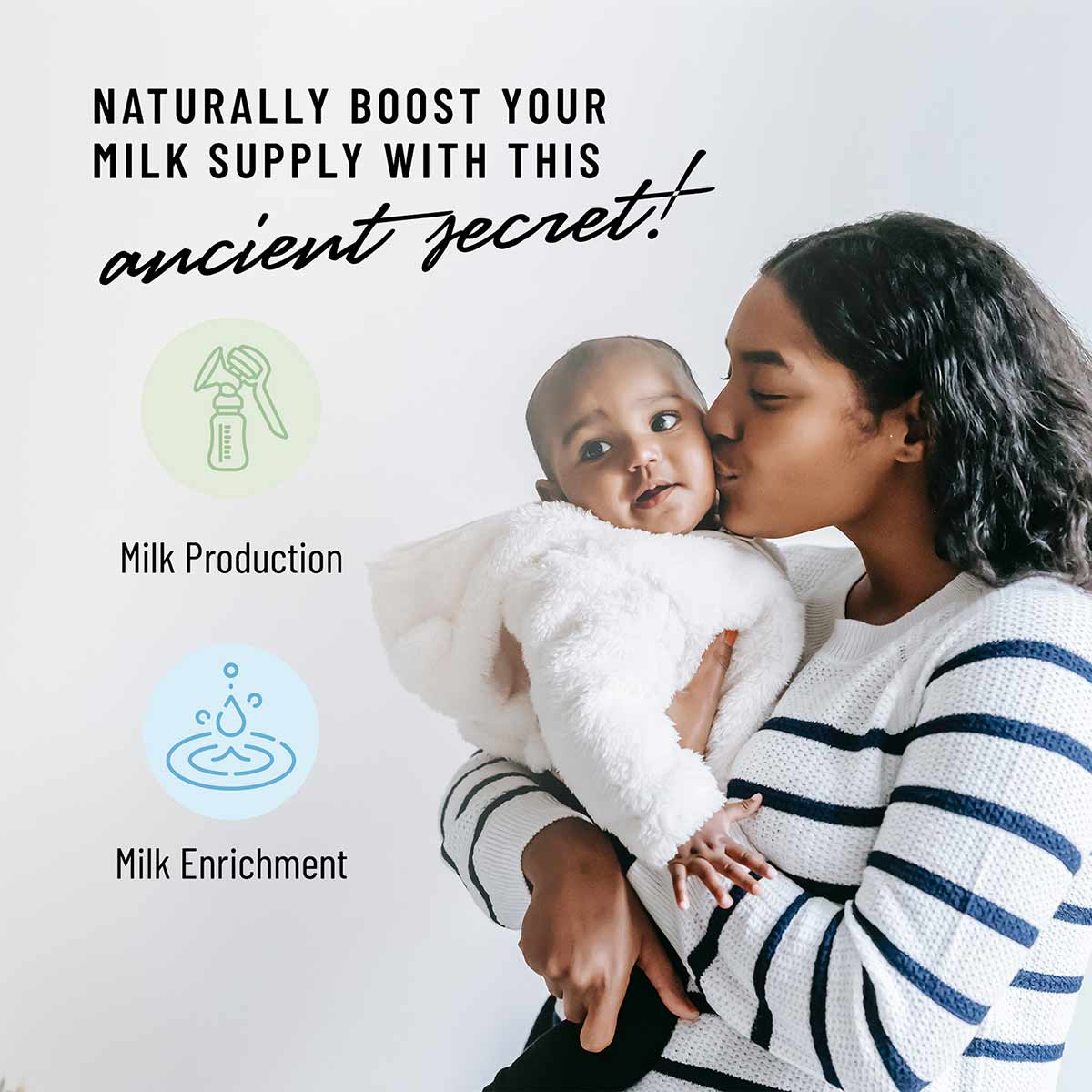 Parent holding infant, wearing striped sweater, with text about milk production and enrichment benefits.