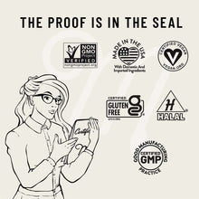 Illustrated woman holding certificate surrounded by certification badges including Non-GMO Project Verified, Made in USA, Cer