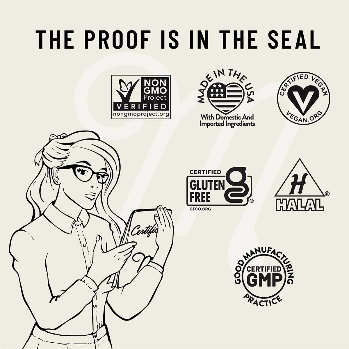 Illustrated woman holding certificate surrounded by certification badges including Non-GMO Project Verified, Made in USA, Cer