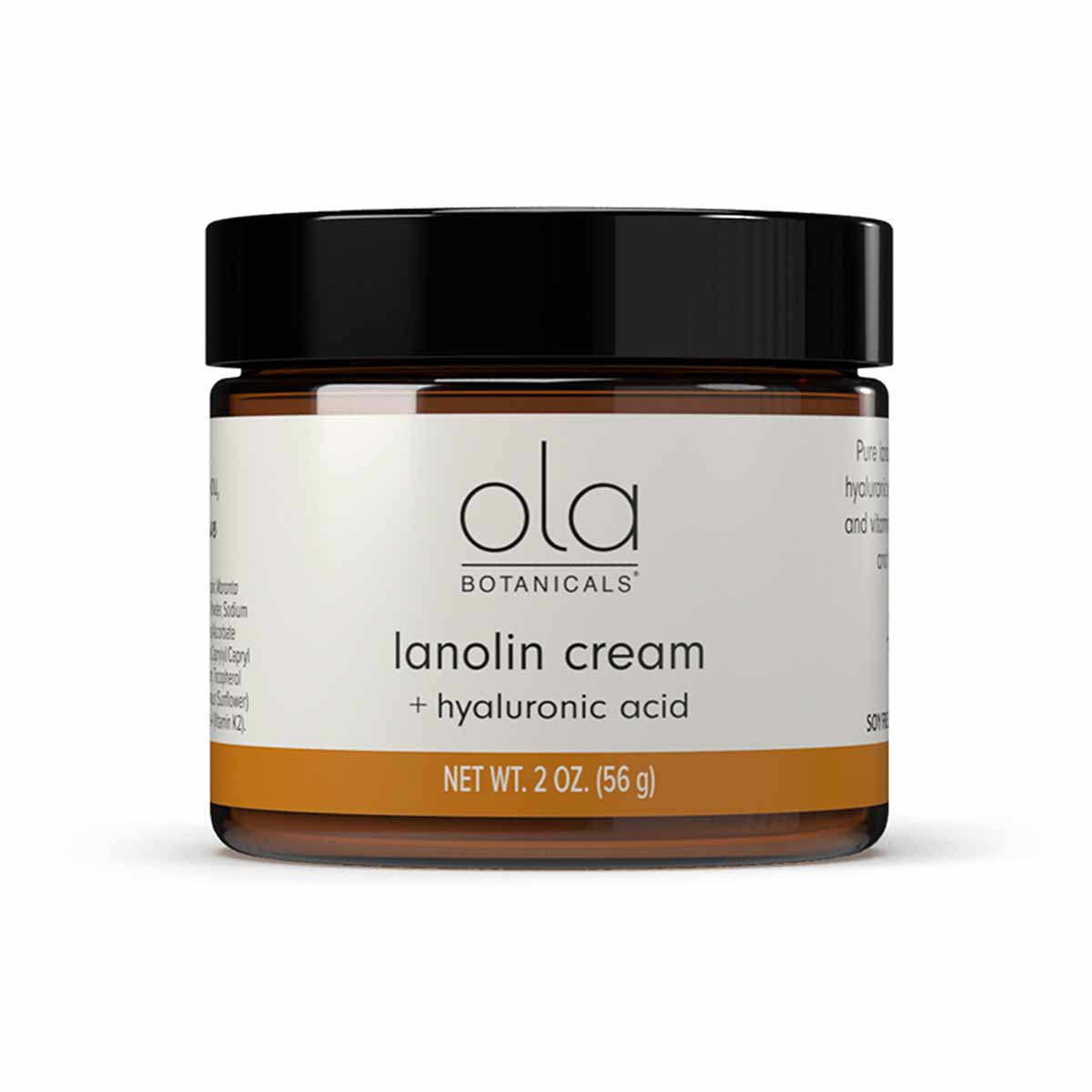 Amber glass jar with black lid containing Ola Botanicals lanolin cream plus hyaluronic acid, 2 oz size.