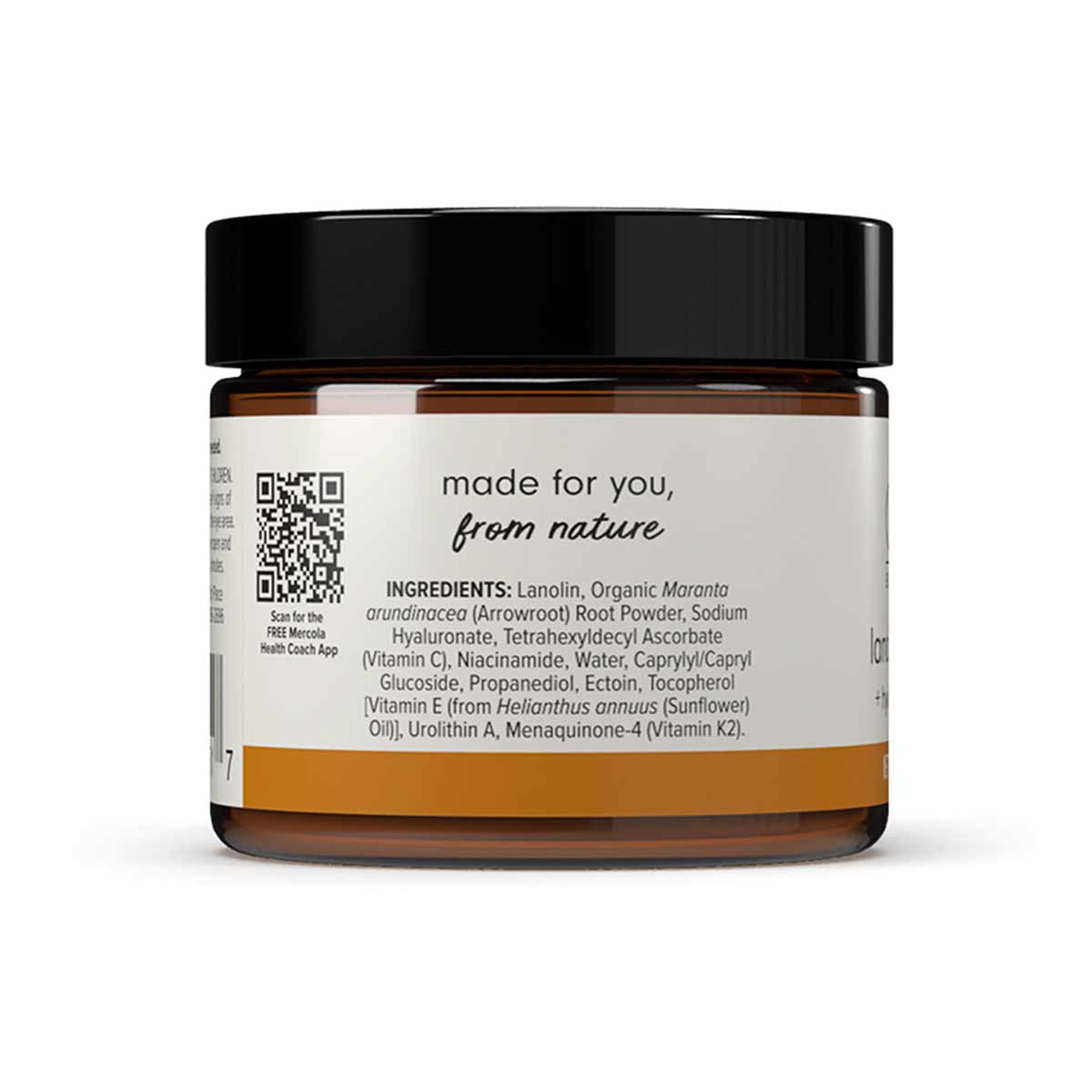 Amber glass jar with black lid containing cream, labeled "made for you, from nature" with ingredient list visible.