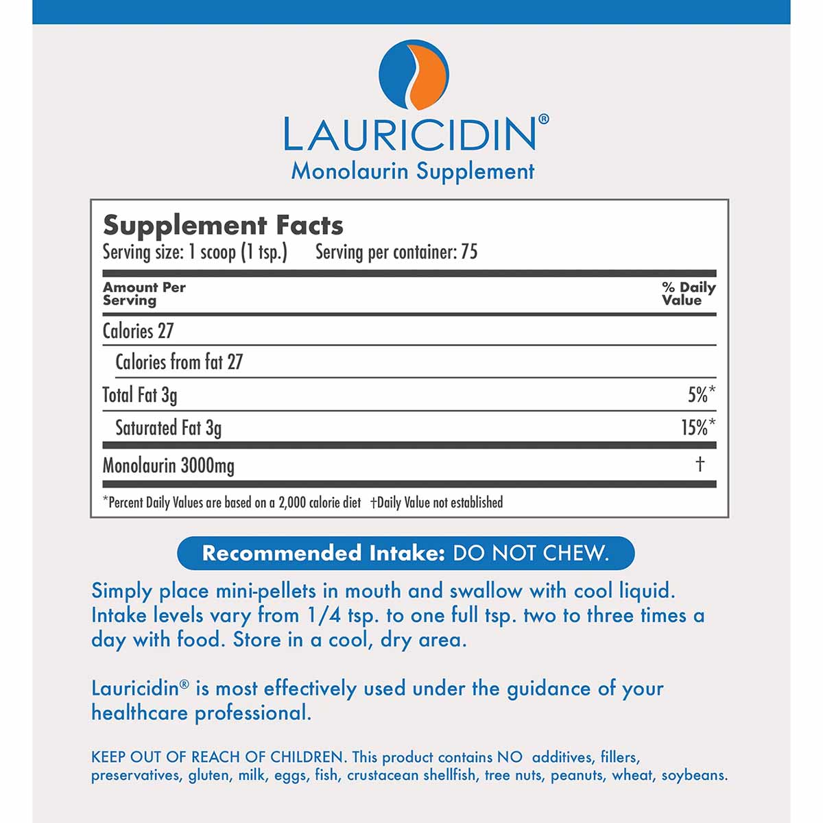 Lauricidin Monolaurin Supplement label showing product name, supplement facts with 3000mg monolaurin per serving, and usage i