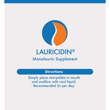 Lauricidin Monolaurin Supplement bottle label with blue and orange logo and usage directions.