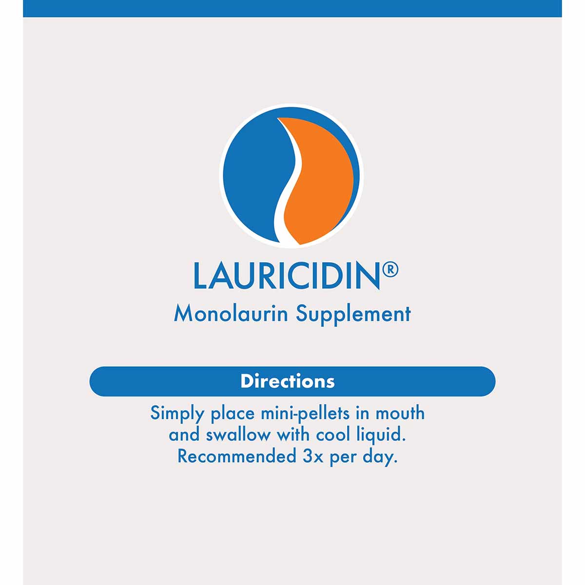 Lauricidin Monolaurin Supplement bottle label with blue and orange logo and usage directions.