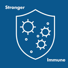 White shield icon with pathogen symbols on blue background, labeled "Stronger" and "Immune".