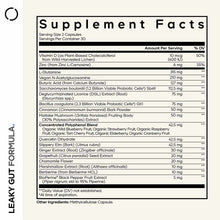 Supplement Facts label for Leaky Gut Formula showing serving size of 2 capsules with 30 servings per container and listed ing