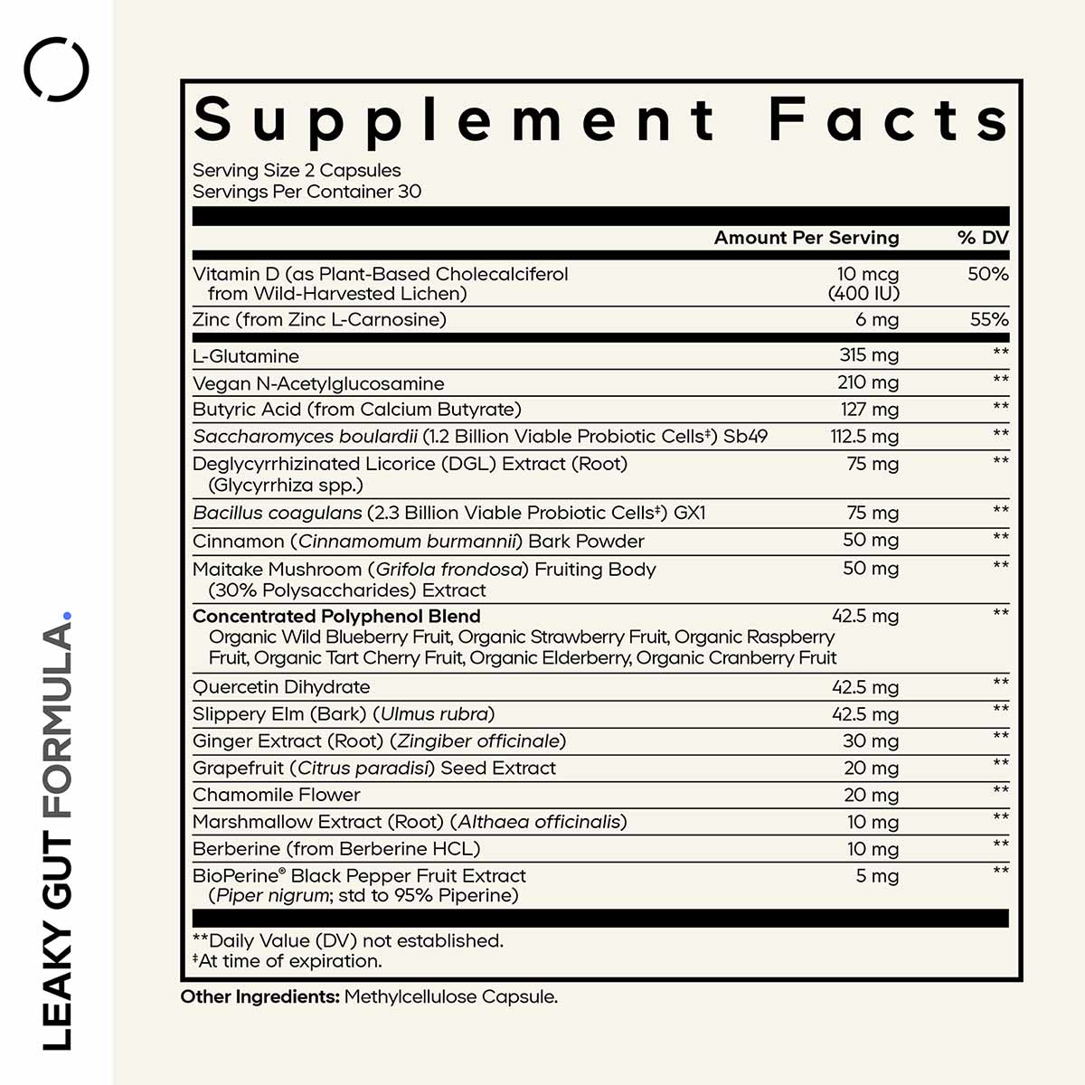 Supplement Facts label for Leaky Gut Formula showing serving size of 2 capsules with 30 servings per container and listed ing