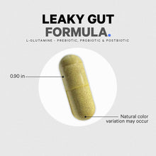 Yellowish-green capsule measuring 0.90 inches, with text indicating L-glutamine, prebiotic, probiotic and postbiotic formula.