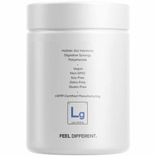 White supplement bottle with white lid displaying product claims including vegan, non-GMO, and gluten-free certification.