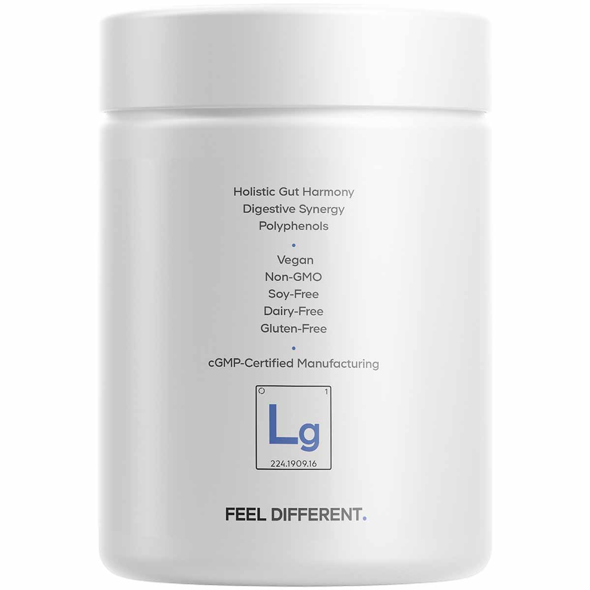 White supplement bottle with white lid displaying product claims including vegan, non-GMO, and gluten-free certification.