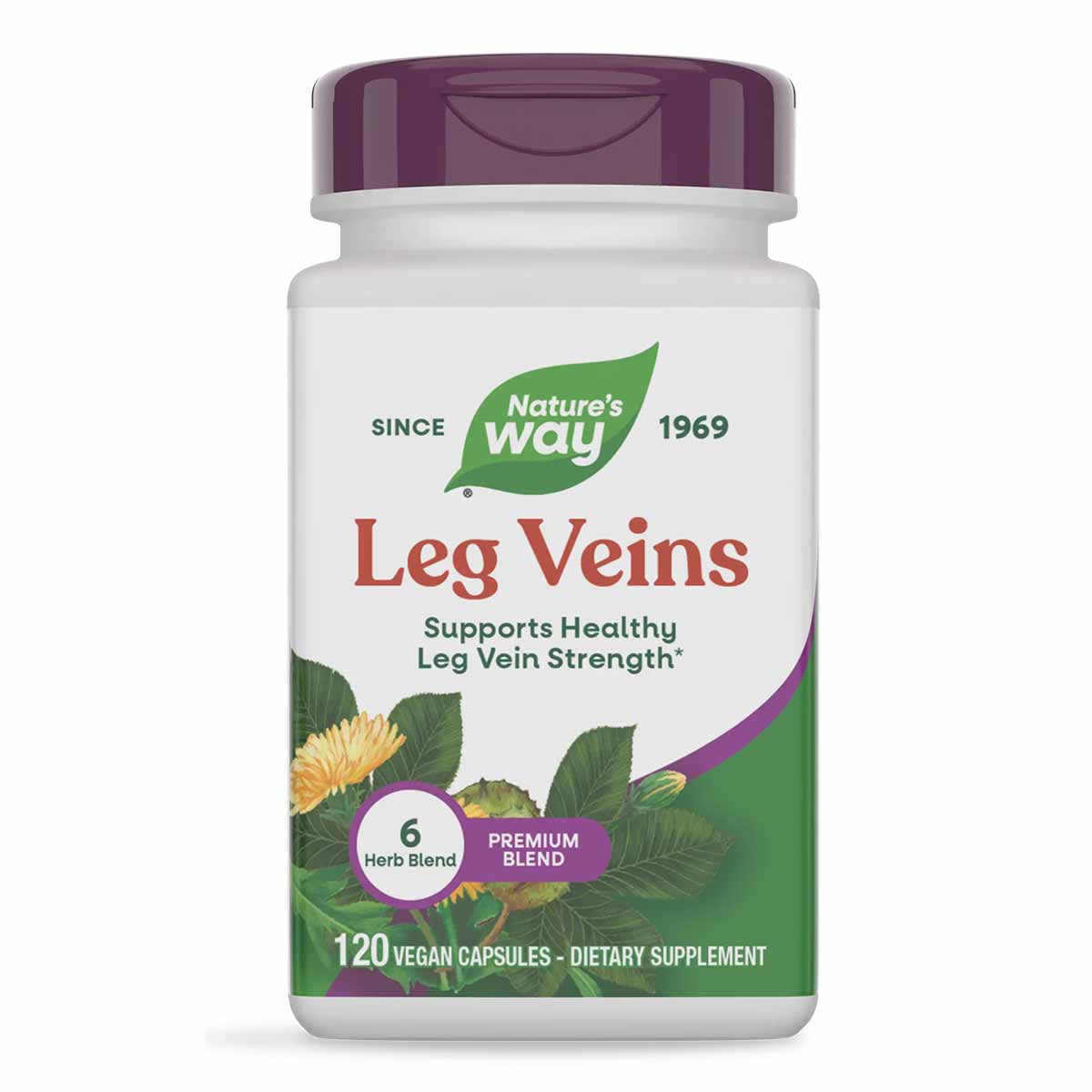 Nature's Way Leg Veins supplement bottle with purple cap, containing 120 vegan capsules and featuring herb blend imagery on l