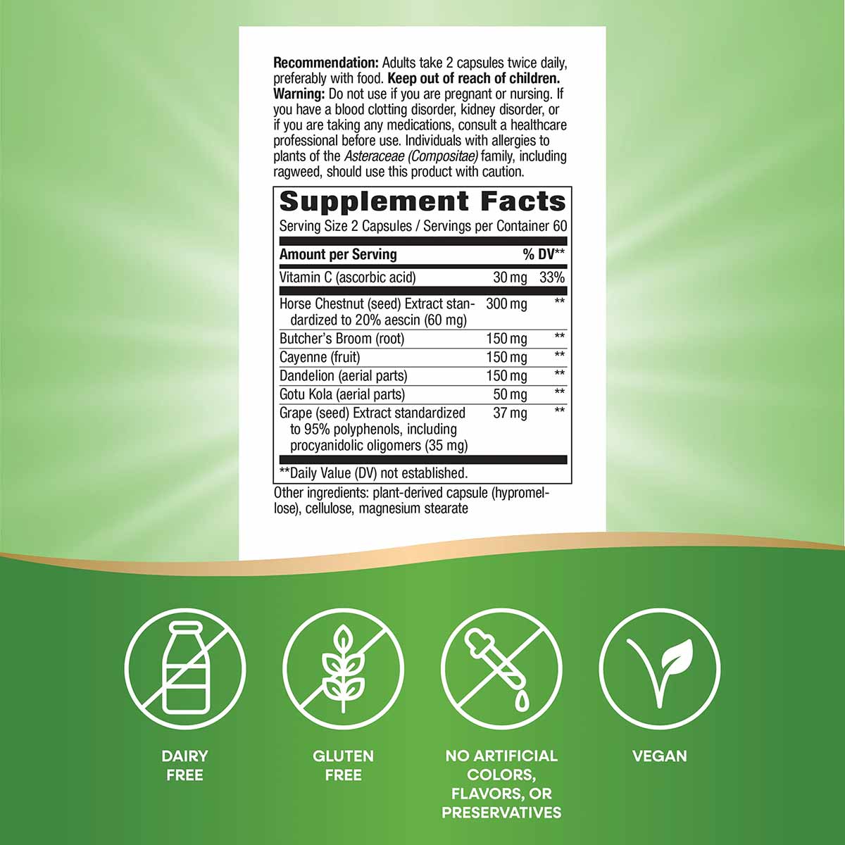 Supplement Facts label for Leg Veins product showing ingredients and certifications including dairy free, gluten free, vegan,