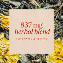 Herbal supplement label displaying "837 mg herbal blend per 2-capsule serving" overlaid on dried herbs and yellow flowers.