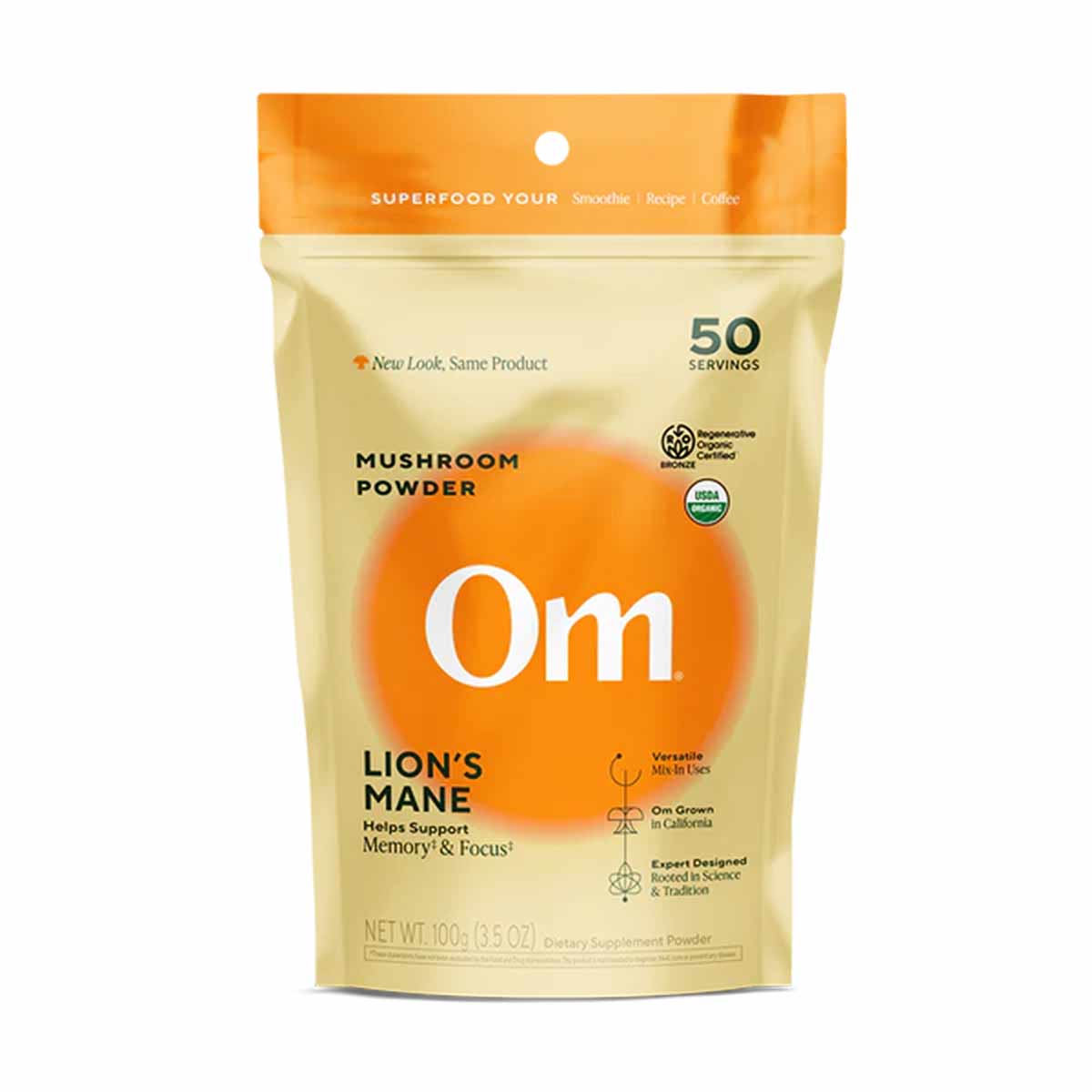 Om Mushroom Lion's Mane powder packet, 100g, with orange and cream labeling indicating 50 servings.