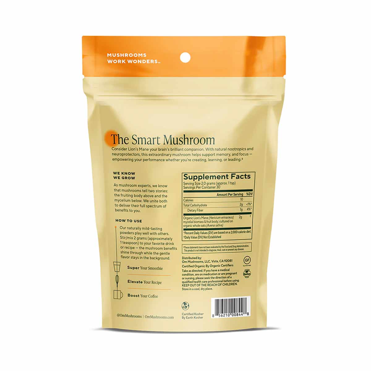Tan pouch with orange header labeled "Om Mushroom" containing Lion's Mane mushroom powder supplement with usage and nutrition