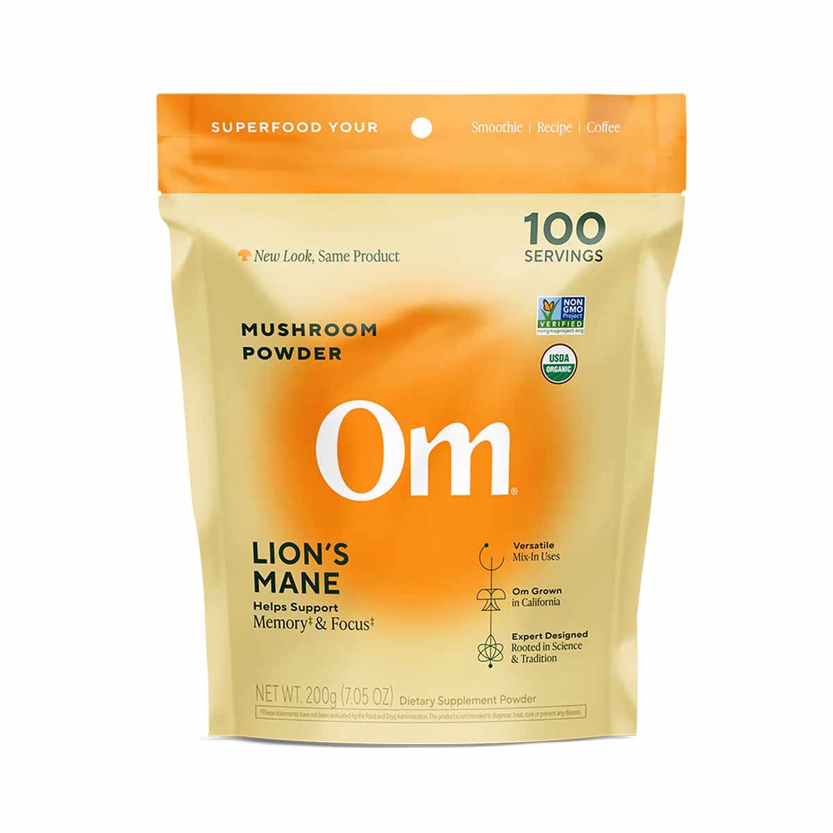 Om Mushroom Lion's Mane powder in a cream and orange pouch labeled 100 servings with Non-GMO and USDA Organic certifications.