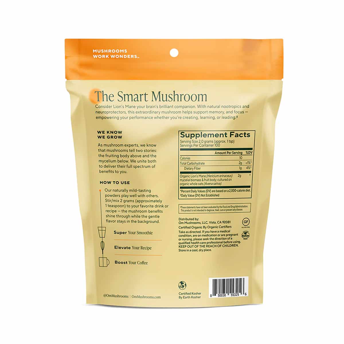 Om Mushroom Lion's Mane powder in a cream and orange pouch with supplement facts label and usage instructions.
