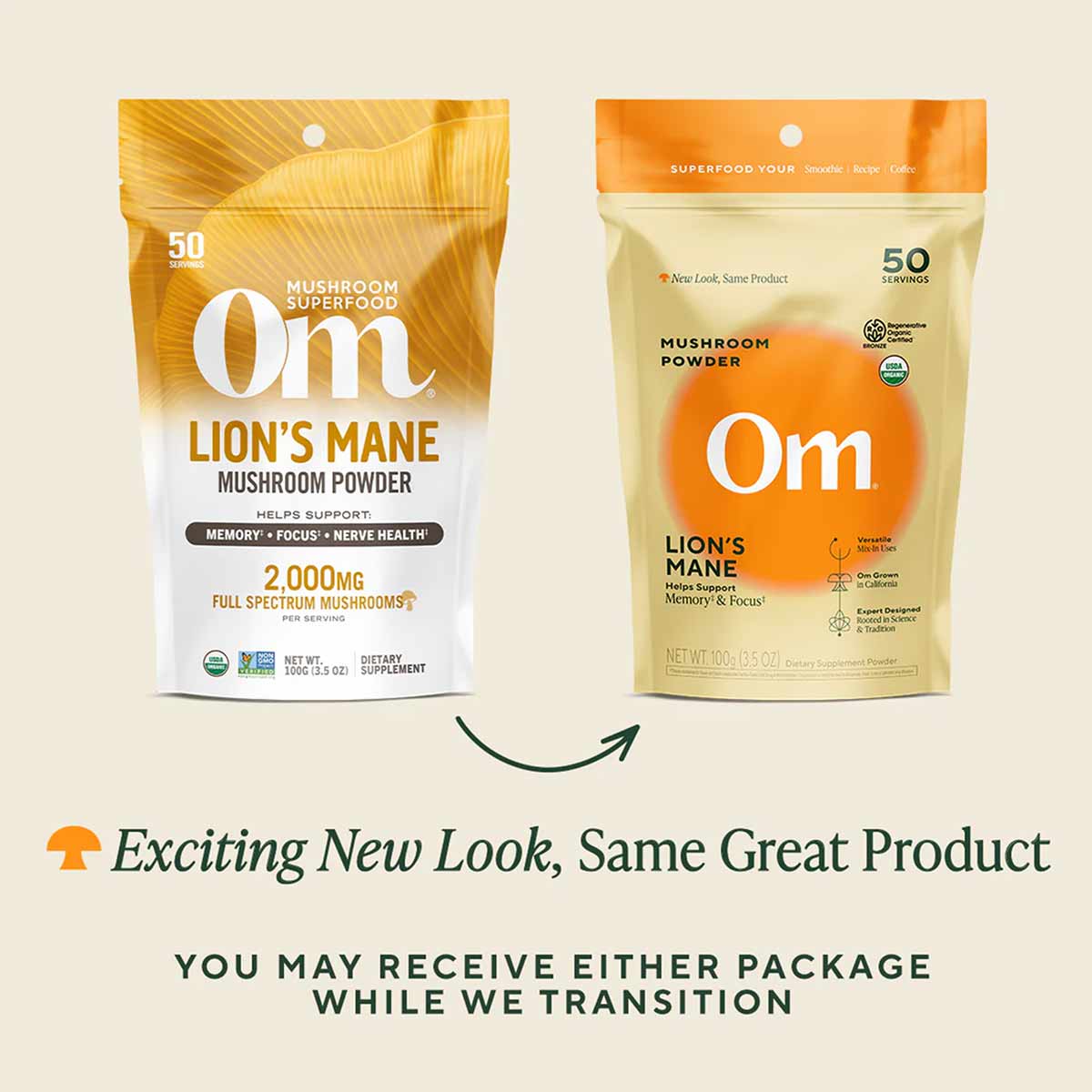 Om Lion's Mane mushroom powder packets in gold and cream packaging, 50 servings, 2,000mg per serving.