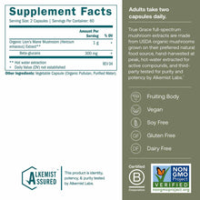 True Grace Lion's Mane mushroom supplement capsules with 1g organic extract and 300mg beta-glucans per serving.
