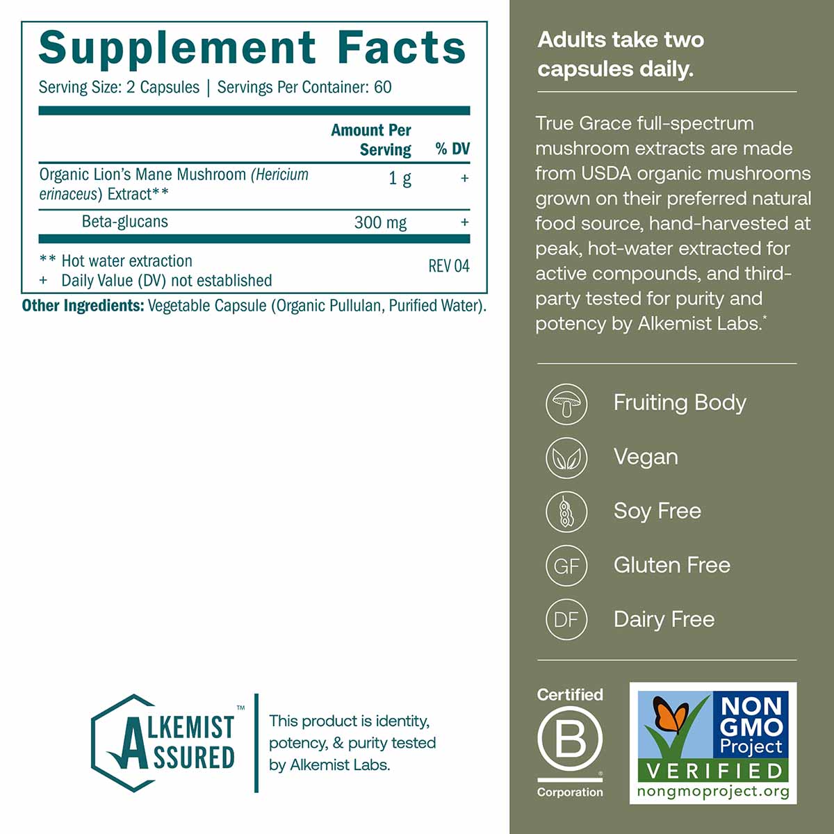 True Grace Lion's Mane mushroom supplement capsules with 1g organic extract and 300mg beta-glucans per serving.
