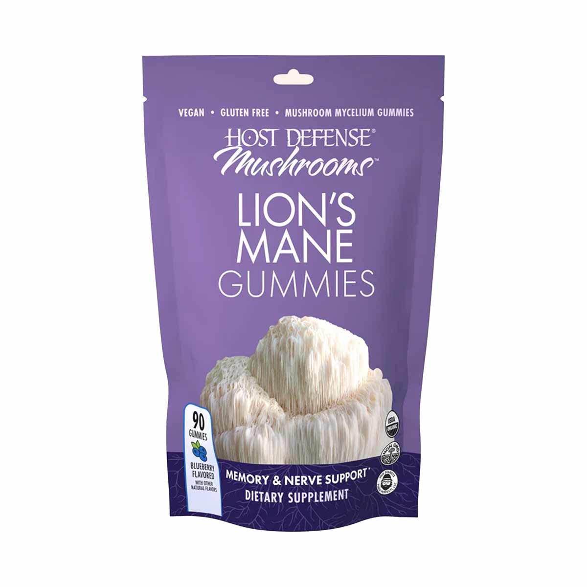 Purple pouch of Host Defense Lion's Mane Gummies with white mushroom image and "90 gummies" label on front.