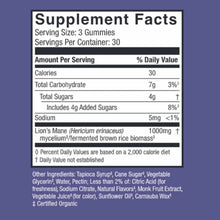 Supplement Facts label for Lions Mane Gummies showing serving size of 3 gummies, 1000mg Lion's Mane per serving, and ingredie