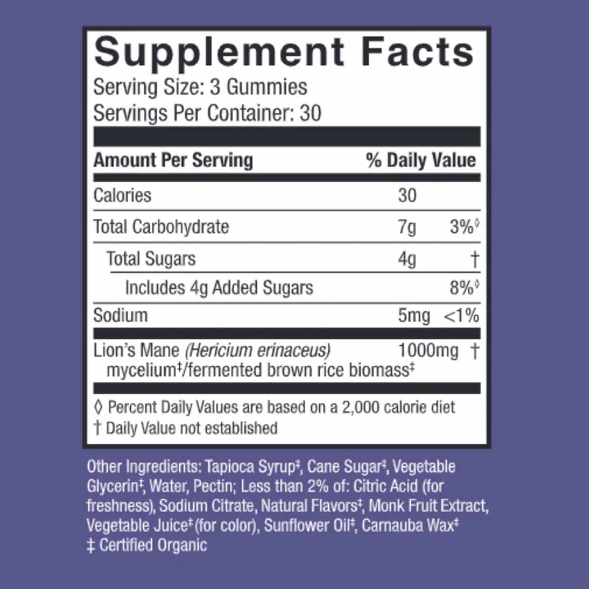 Supplement Facts label for Lions Mane Gummies showing serving size of 3 gummies, 1000mg Lion's Mane per serving, and ingredie